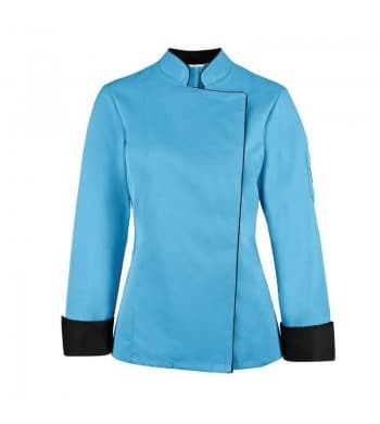 Veste de cuisine femme bleue Rougevif, poignets contrastés
